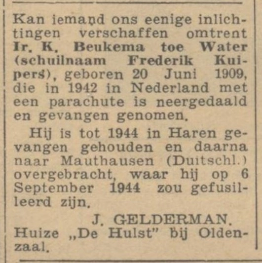 Advertentie Beukema toe Water 1945